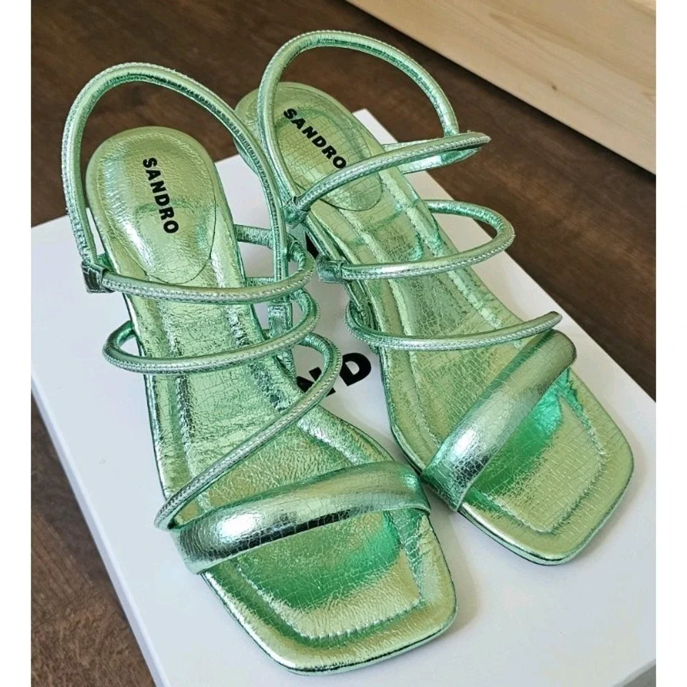 SANDRO Women's Noelis‎ Metallic Pale Green Slingback Heeled Sandals. Size 36